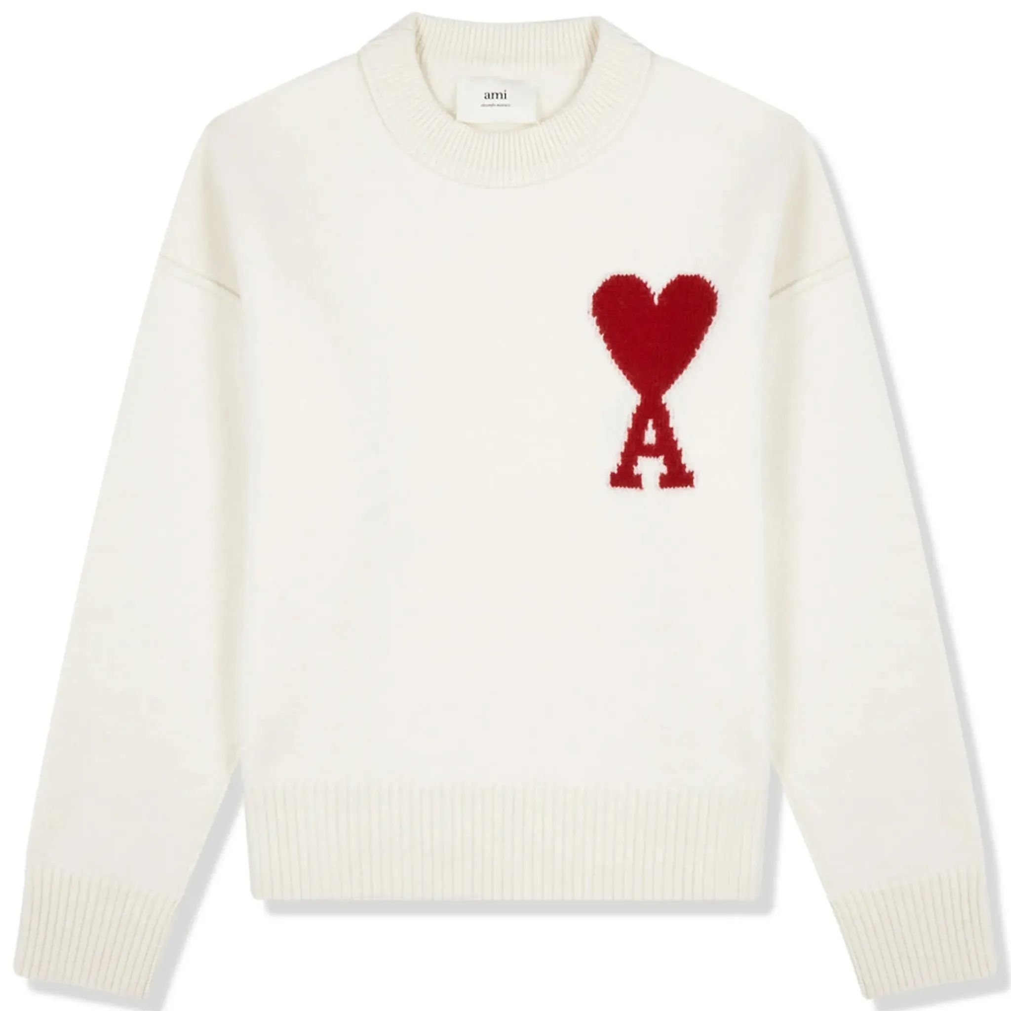 Ami Paris Red Ami De Coeur Logo Intarsia Off White Sweatshirt< Sweatshirts & Hoodies