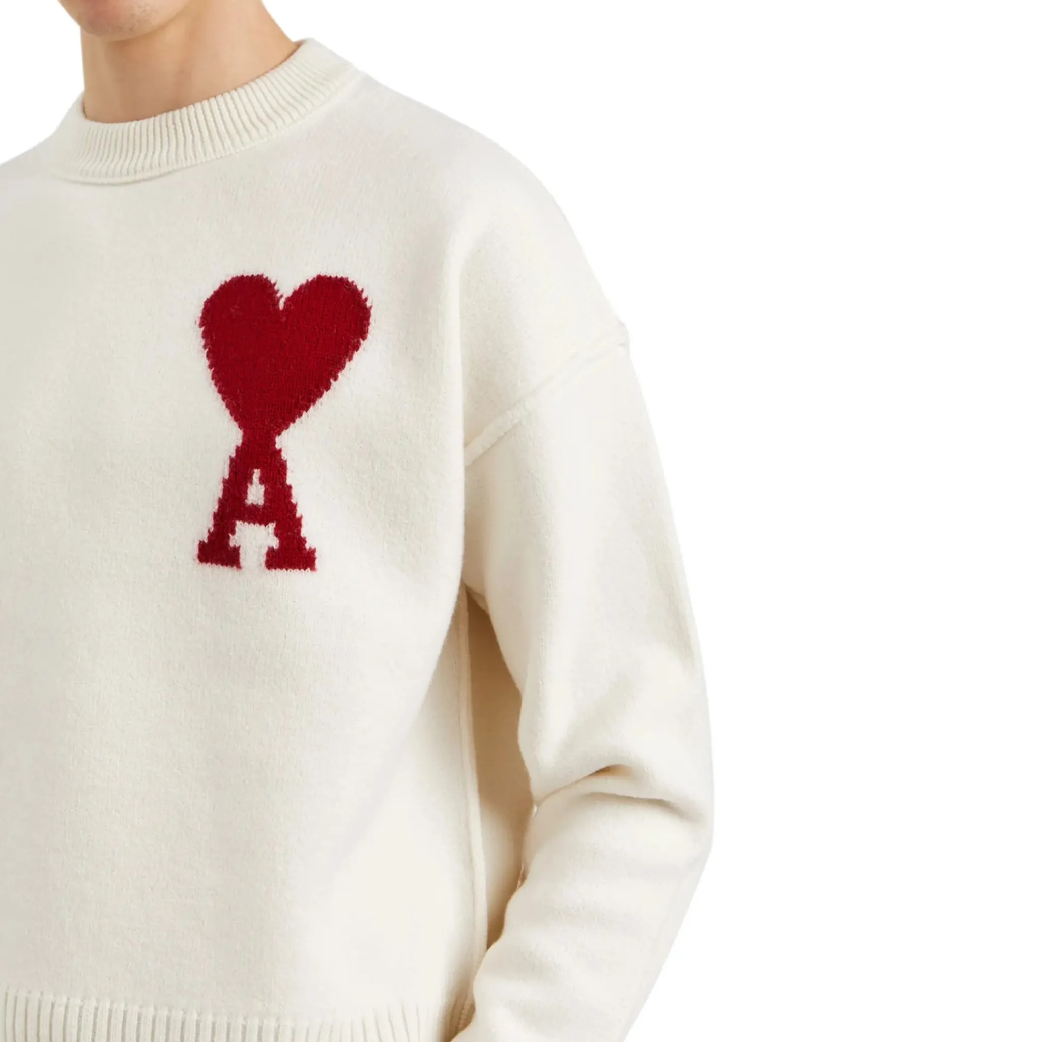 Ami Paris Red Ami De Coeur Logo Intarsia Off White Sweatshirt< Sweatshirts & Hoodies