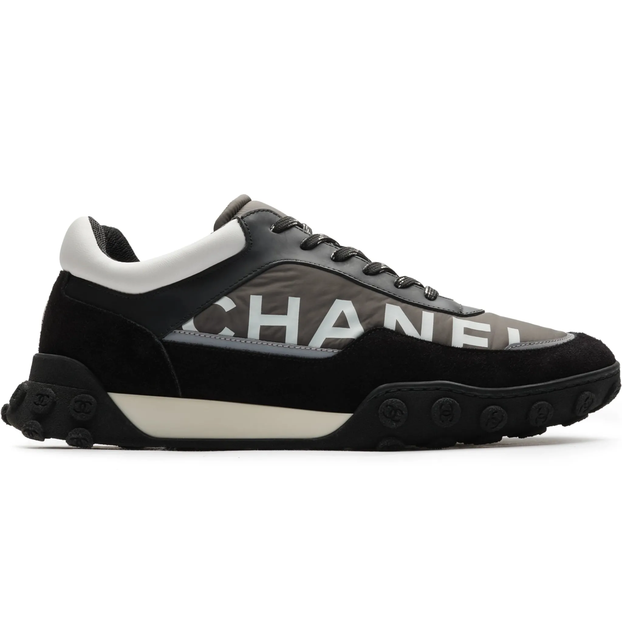 Chanel CC Grey Black White Nylon Calfskin Sneaker - Preloved< Black Trainers|Designer Trainers