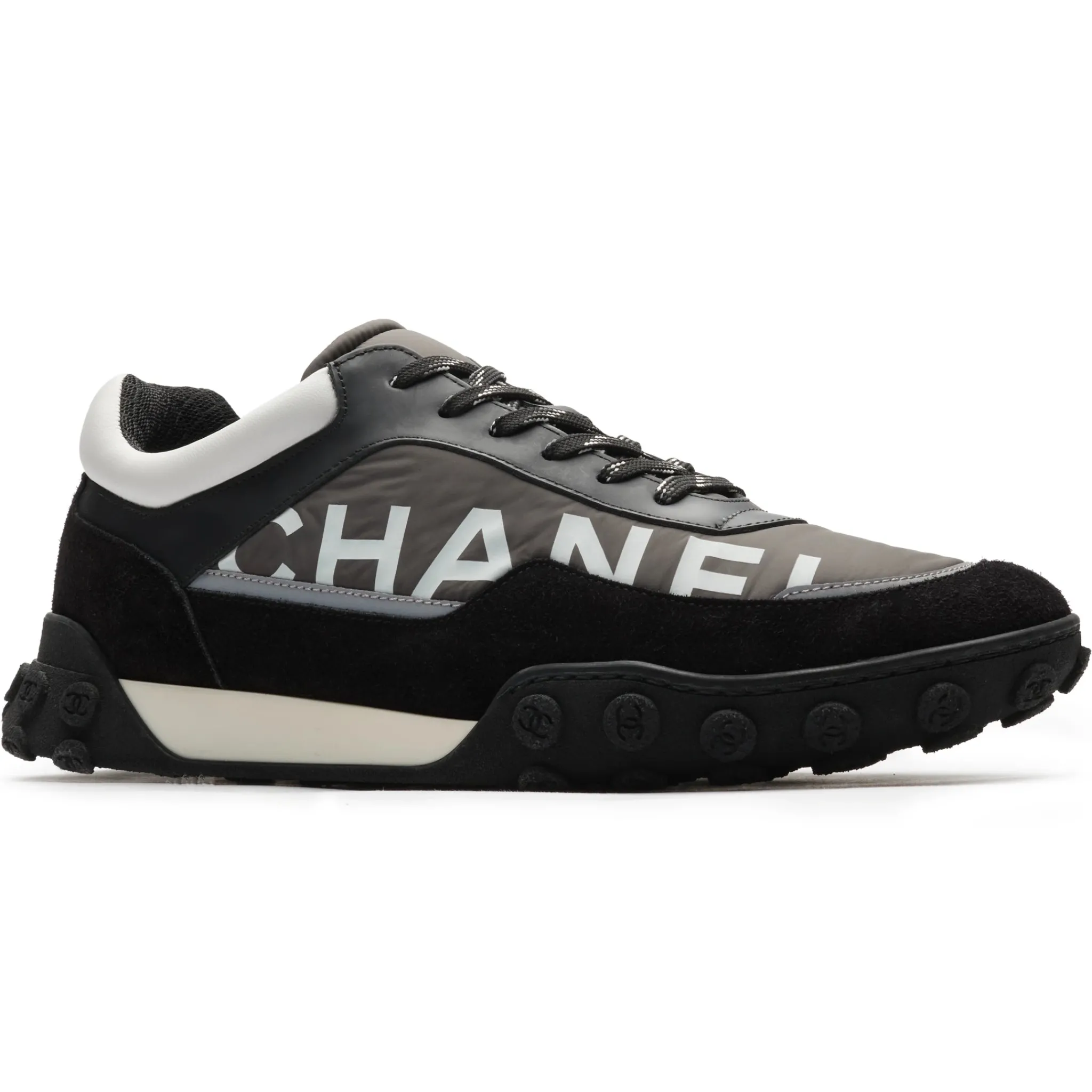 Chanel CC Grey Black White Nylon Calfskin Sneaker - Preloved< Black Trainers|Designer Trainers