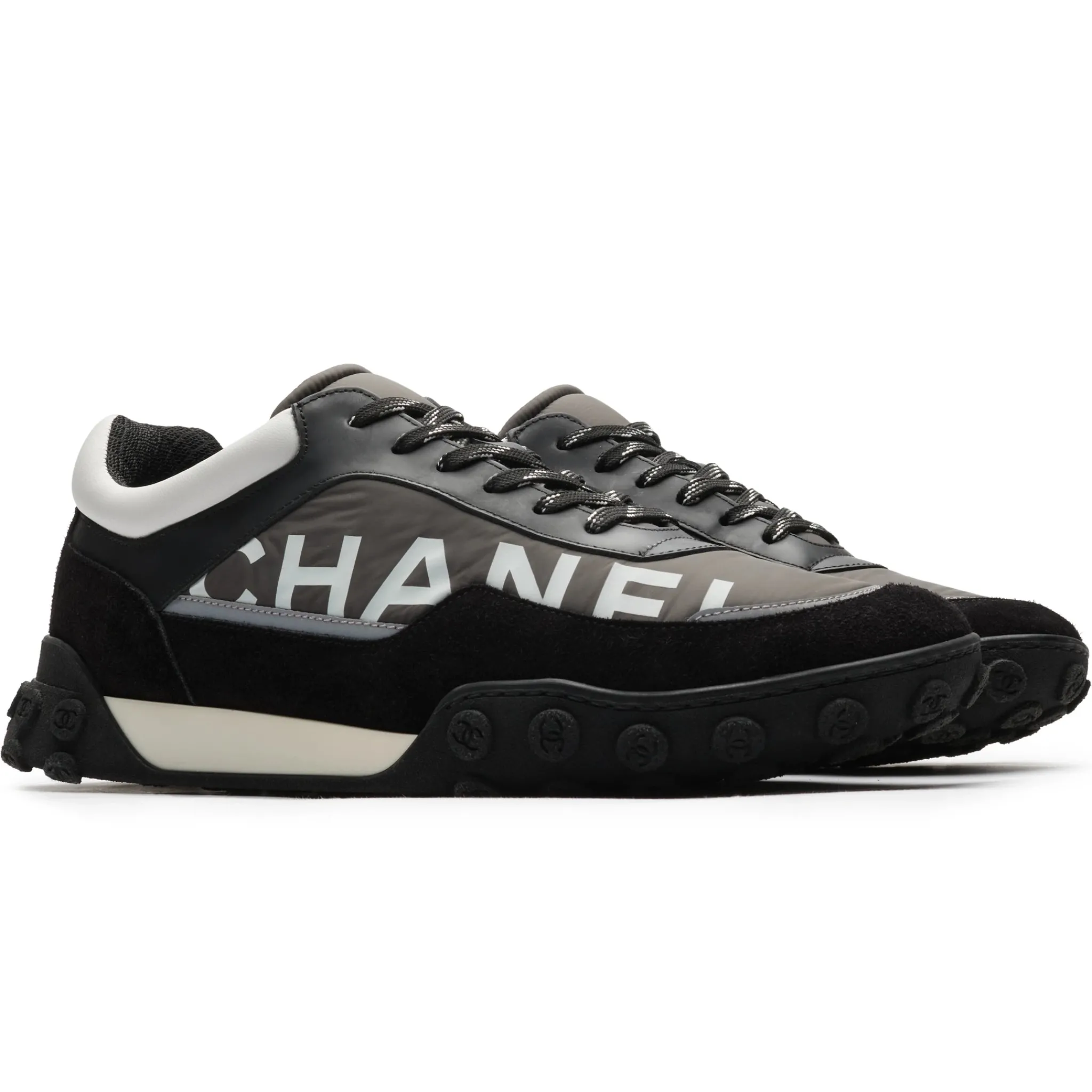 Chanel CC Grey Black White Nylon Calfskin Sneaker - Preloved< Black Trainers|Designer Trainers