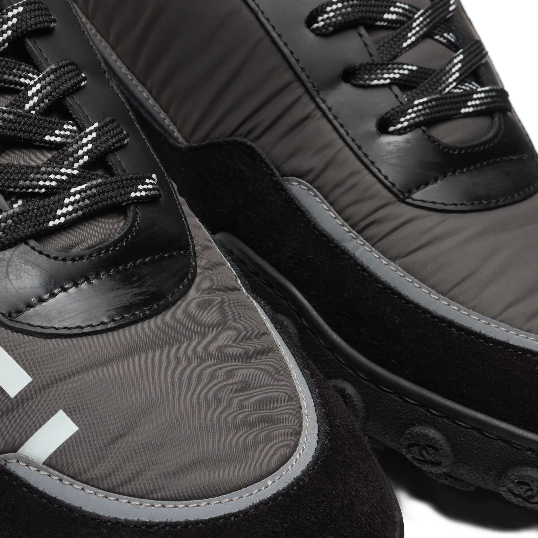 Chanel CC Grey Black White Nylon Calfskin Sneaker - Preloved< Black Trainers|Designer Trainers