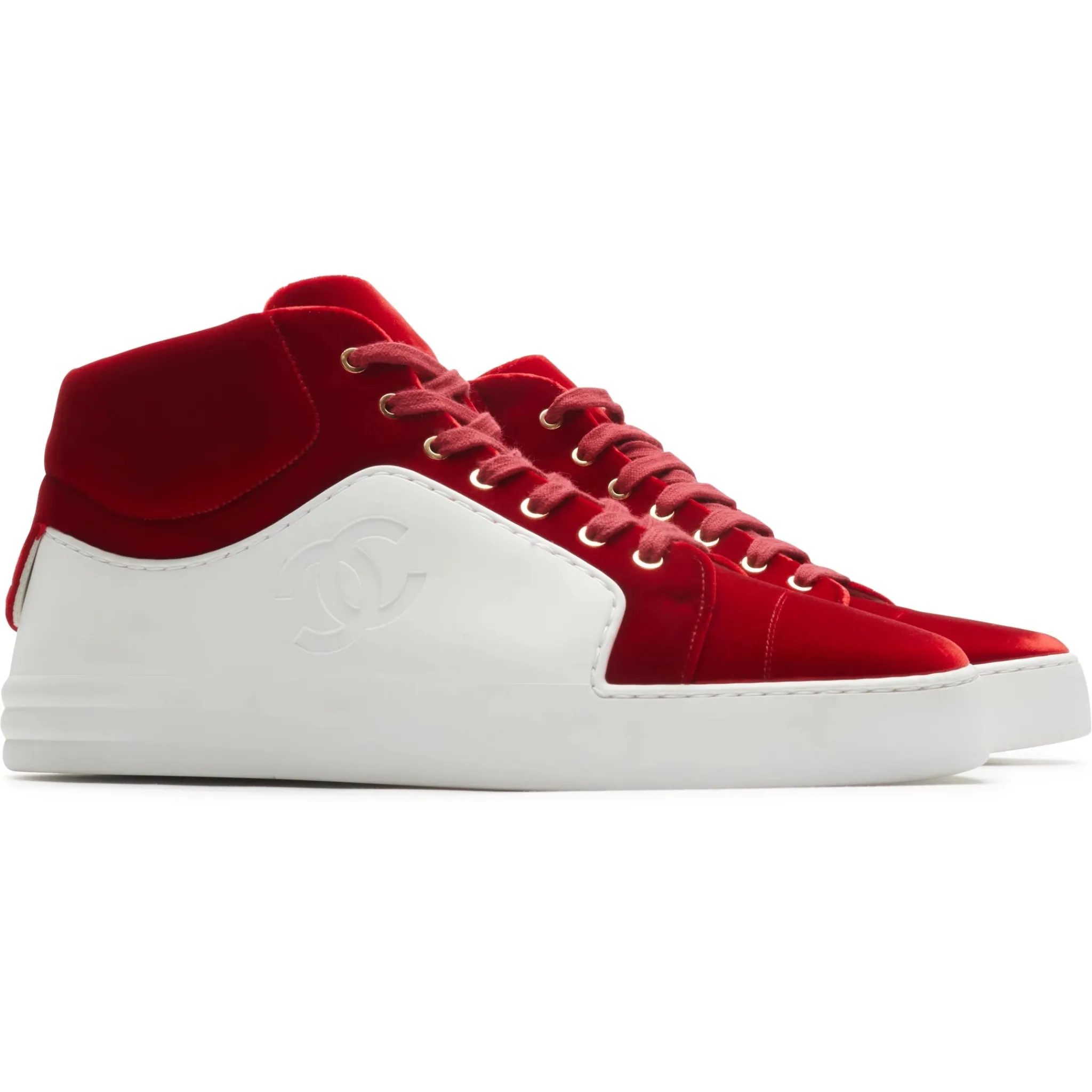 Chanel CC High White Red Velvet Sneaker - Preloved< White Trainers|Designer Trainers