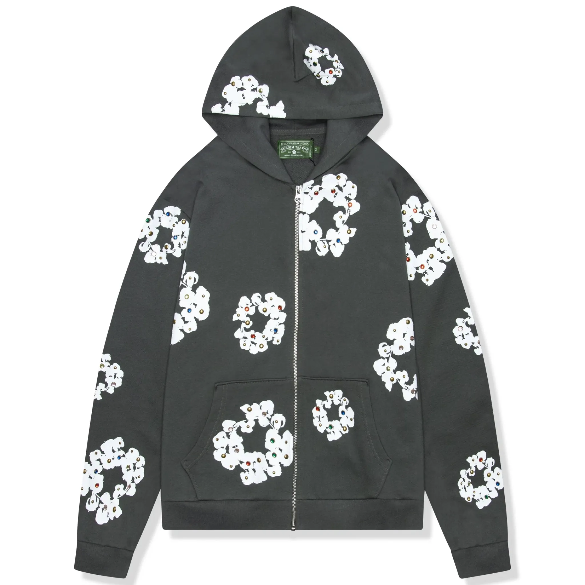 Denim Tears Rhinestone The Cotton Wreath Vintage Black Zip-Up Hoodie< Sweatshirts & Hoodies