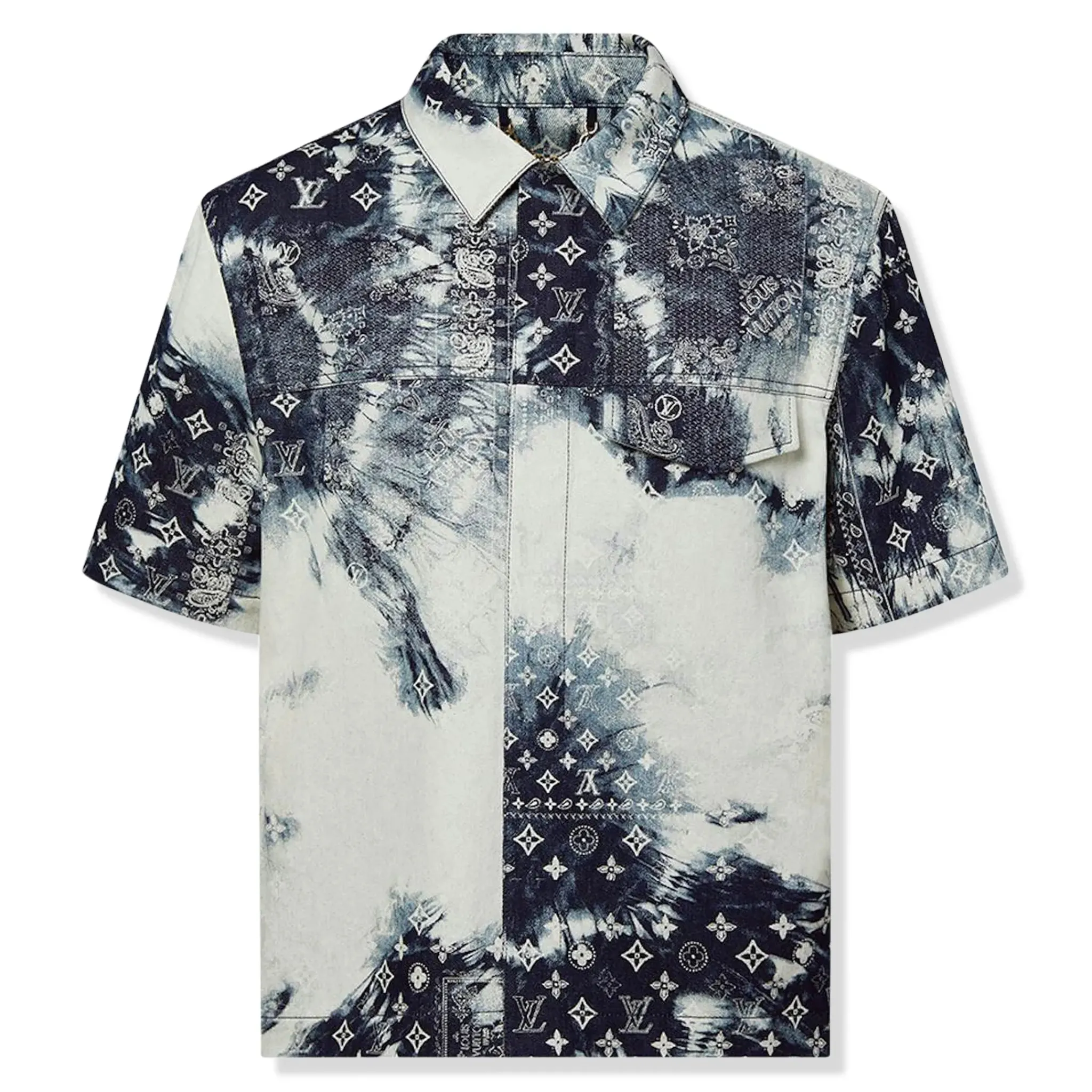 Louis Vuitton Monogram Bandana Short-Sleeve Indigo White Denim Shirt< Shirts